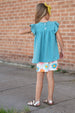 Girls Teal Retro Happy Flower Spring Summer Short Set