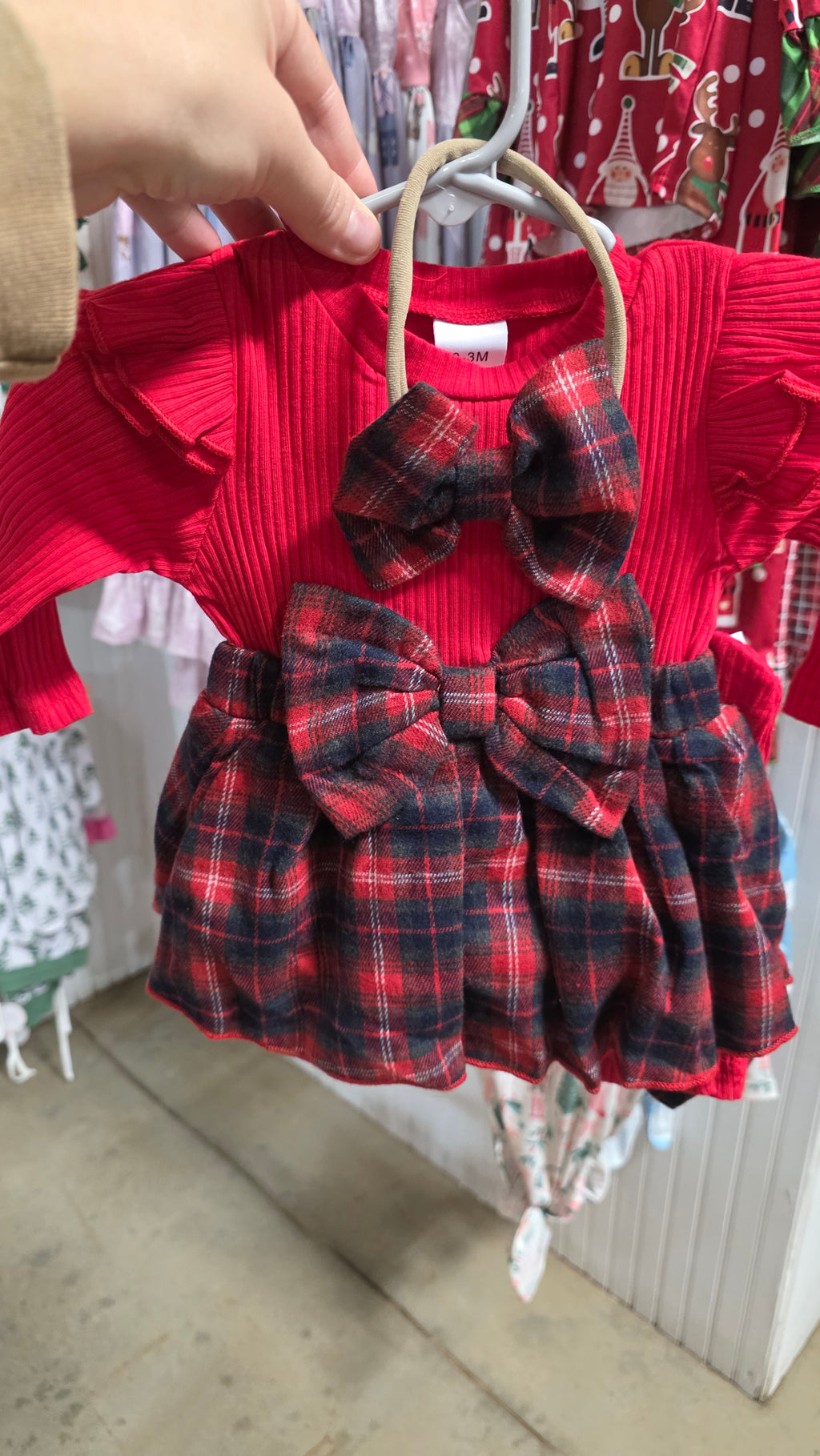 Red Plaid Bubble with Headband and Socks