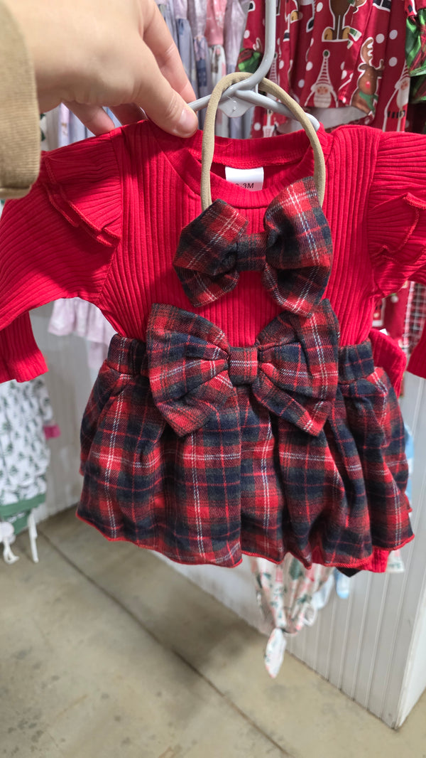 Red Plaid Bubble with Headband and Socks