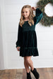 Kids Dark Green Smocked Velvet Fancy Holiday Party Dress