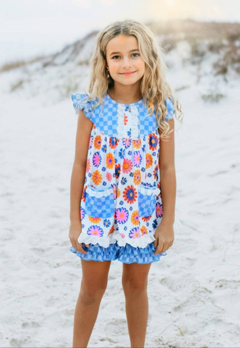 Girls Blue Check Flower Power Spring Summer Short Set