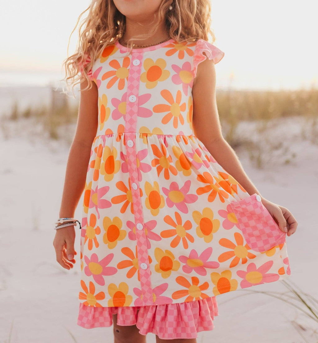 Girls Pink & Tangerine Retro Flower Check Pocket Dress