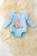 Lt blue boots applique baby bodysuit with floral ruffle on sleeves and ruffle butt. RPG61922 SOL