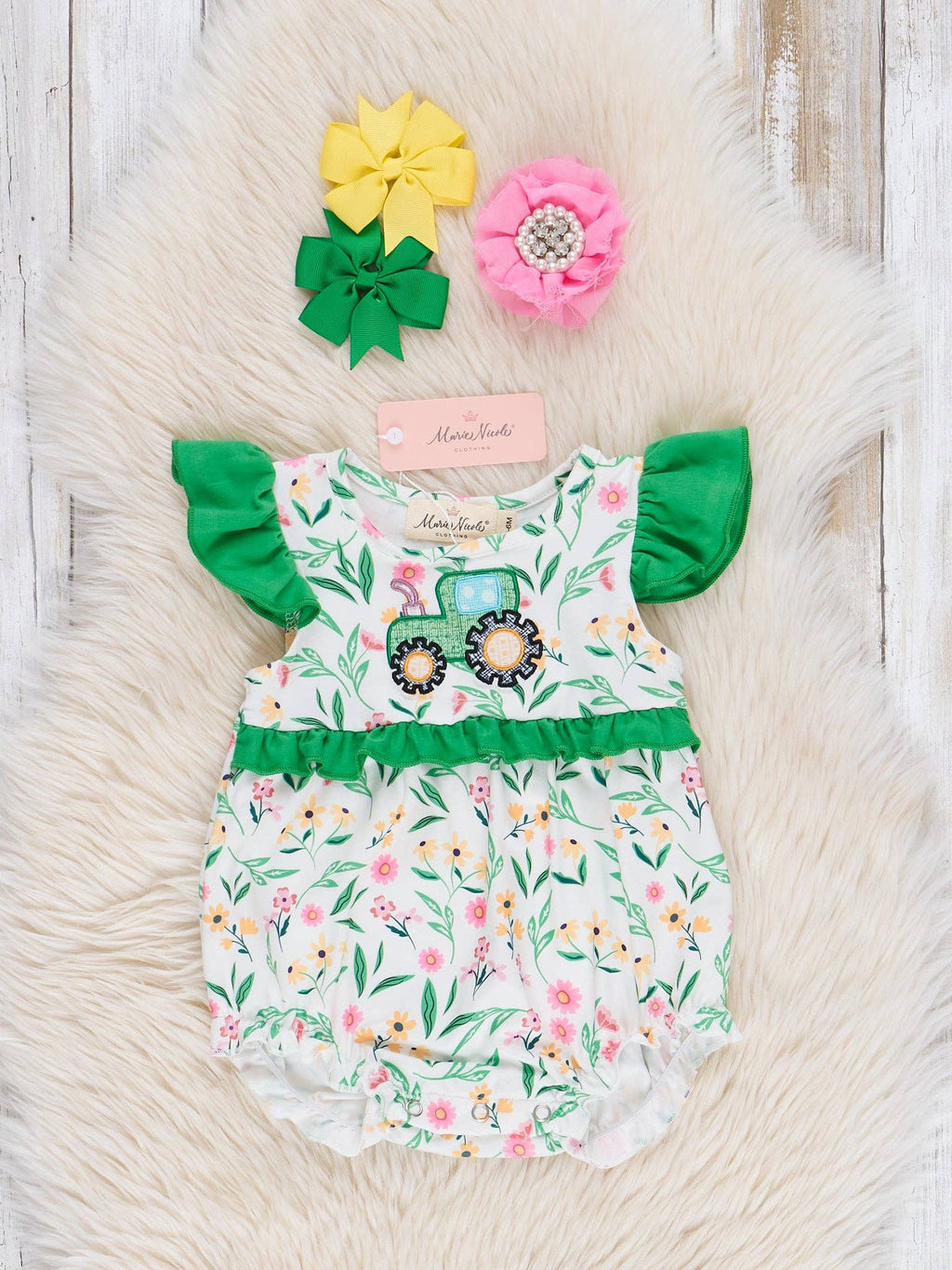 Floral Tractor Embroidered Ruffle Bubble Romper