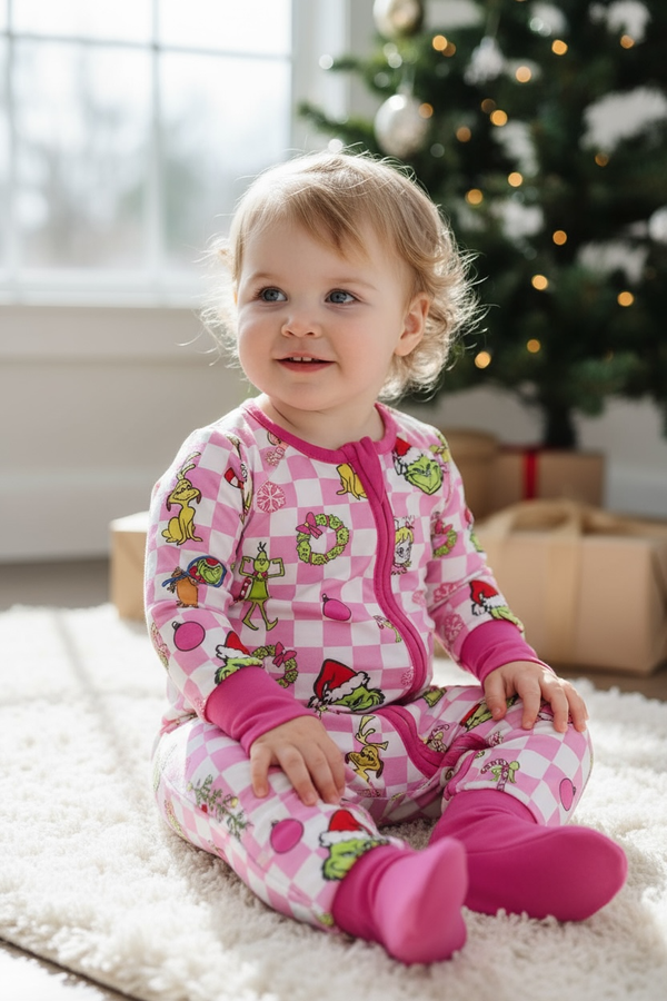 Christmas character & checkered  printed baby onesie with fold over footie and hands. LR073006 JEANAMY (Copy)