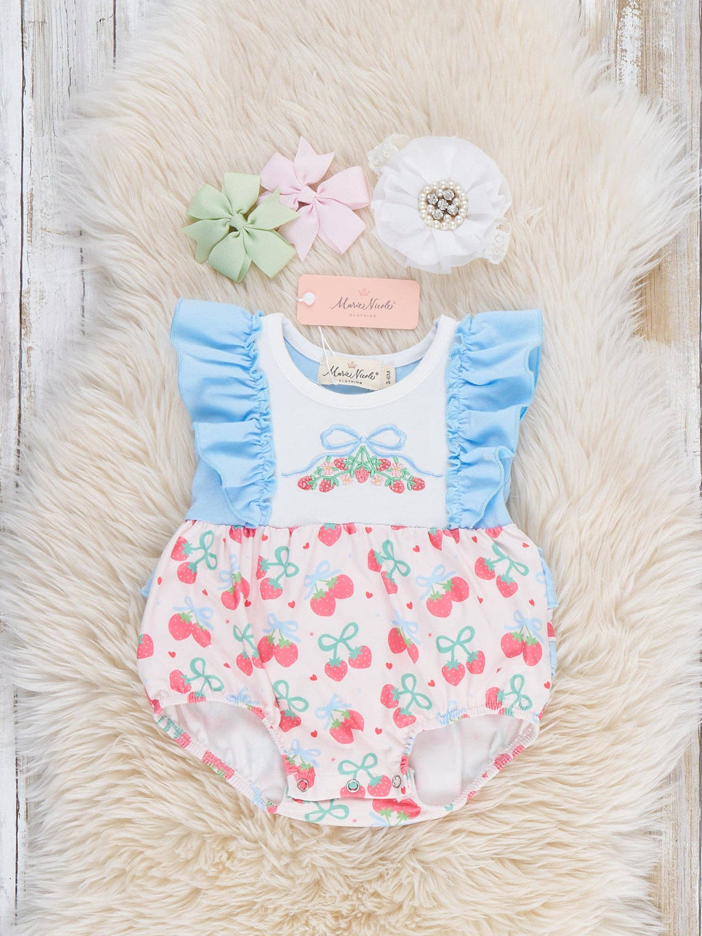Strawberry Bow Embroidered Ruffle Bubble Romper