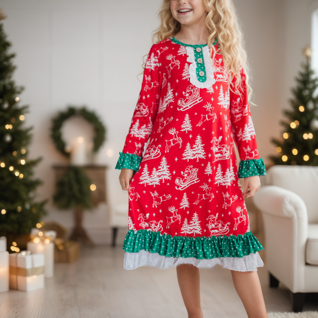 Kids Santa Sled Polka Dot Christmas Ruffle Lounge Play Gown