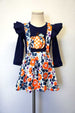 Toddler Girls Navy and Orange Fall Floral Pumpkin suspender skirt set