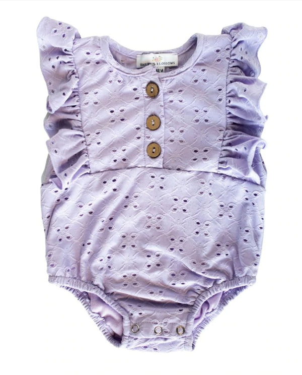Purple Eyelet Lace Ruffle Romper