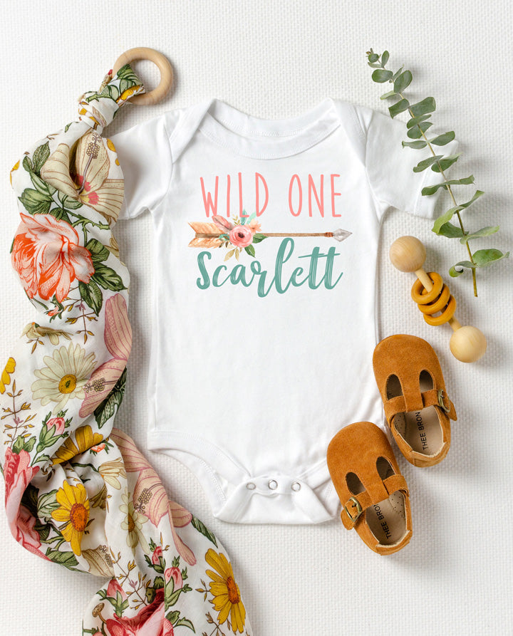 Baby Girl Wild One Boho Floral Arrow first birthday outfit