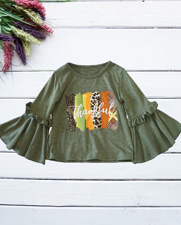 Girls Thankful Olive Green Bell Sleeve Top