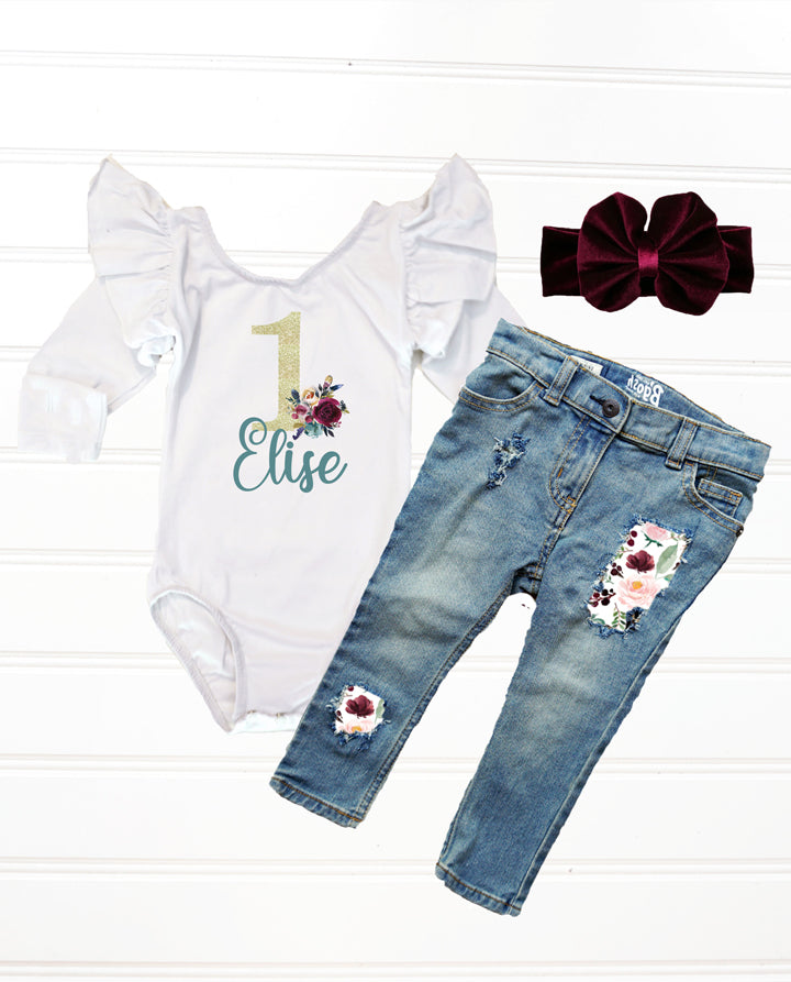baby girls wine and teal floral rose birthday outfit